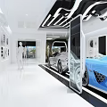 Modern White Car Showroom With Blue Sports Car Mannequin Display Cabinets And Modern Lighting
