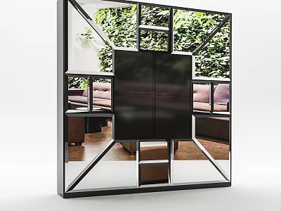 Modern Geometric Frame Mirror Reflecting Green Plants And Sofa In Living Room 3d model