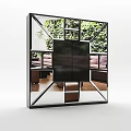 Modern Geometric Frame Mirror Reflecting Green Plants And Sofa In Living Room