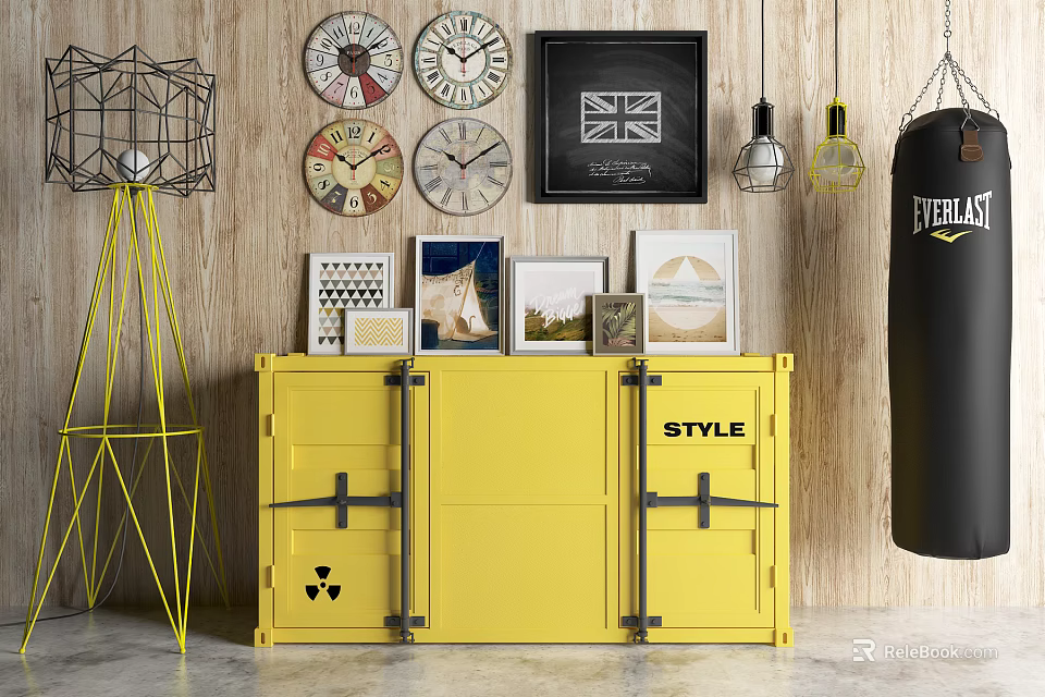 Yellow Entryway Cabinet Side Cabinet with Multiple Clocks Decorative Paintings Floor Lamp on Wooden Wall 3d model 