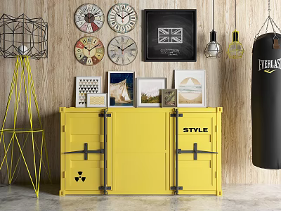 Yellow Entryway Cabinet Side Cabinet with Multiple Clocks Decorative Paintings Floor Lamp on Wooden Wall 3d model
