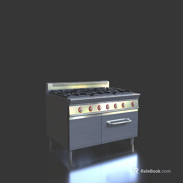 Stainless Steel Kitchen Gas Stove With Multiple Burners Control Knobs And Cabinet 3d model