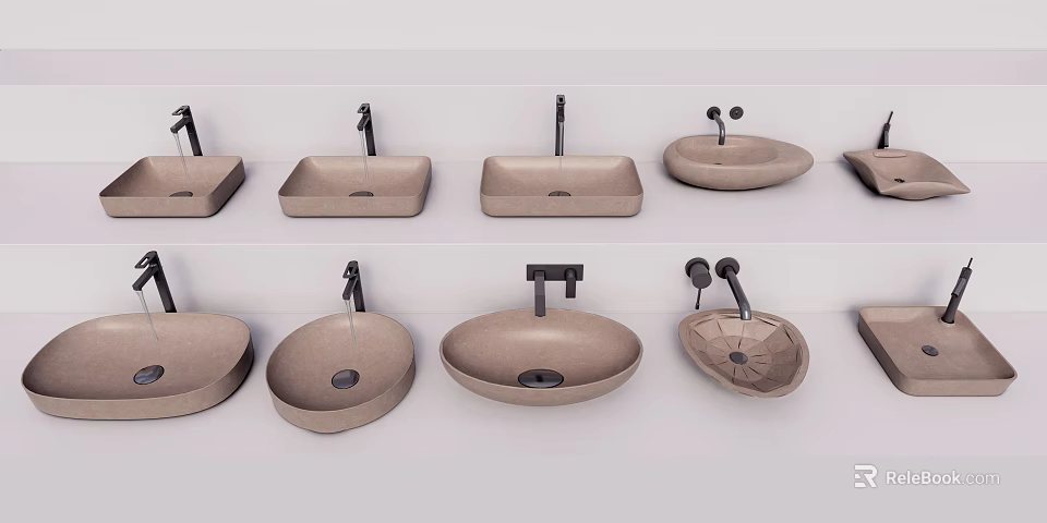 Different Shaped Beige Washbasins Featuring Various Faucet Designs On White Wall 3d model