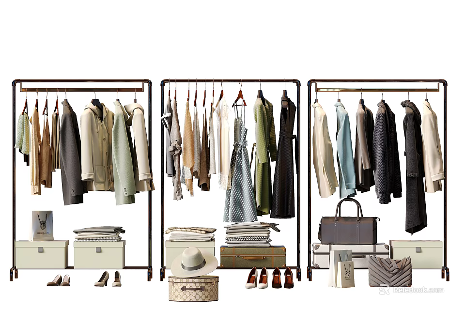 Stylish Clothing Display On Racks With Shoes Bags And Boxes 3d model 