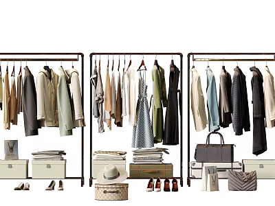 Stylish Clothing Display On Racks With Shoes Bags And Boxes 3d model