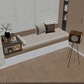 Modern Bay Window Seat With Blinds Pillows Vase Flowers Books Floor Lamp And Sunlight