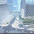 Modern Urban Office Building With Glass Facade Surrounded by Skyscrapers and Green Space