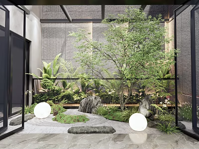 Modern Scenic Feature Wall With Lush Plants Trees Rocks And Round Lights 3d model