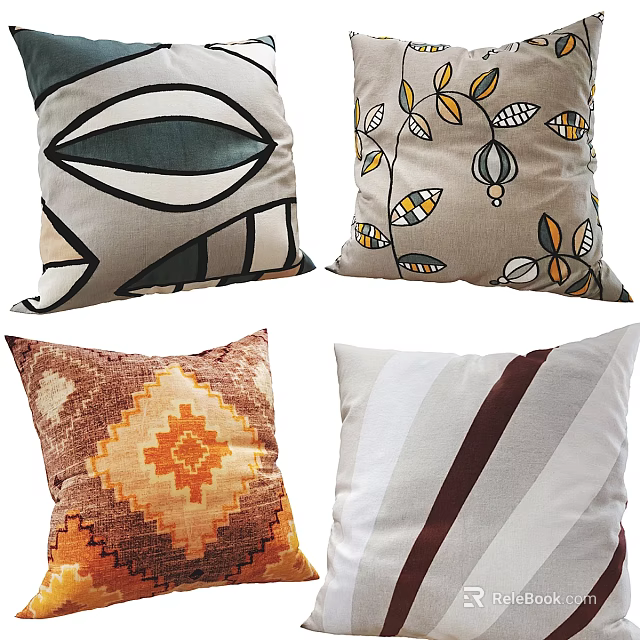 Decorative Throw Pillows With Geometric Floral Diamond And Striped Patterns 3d model 