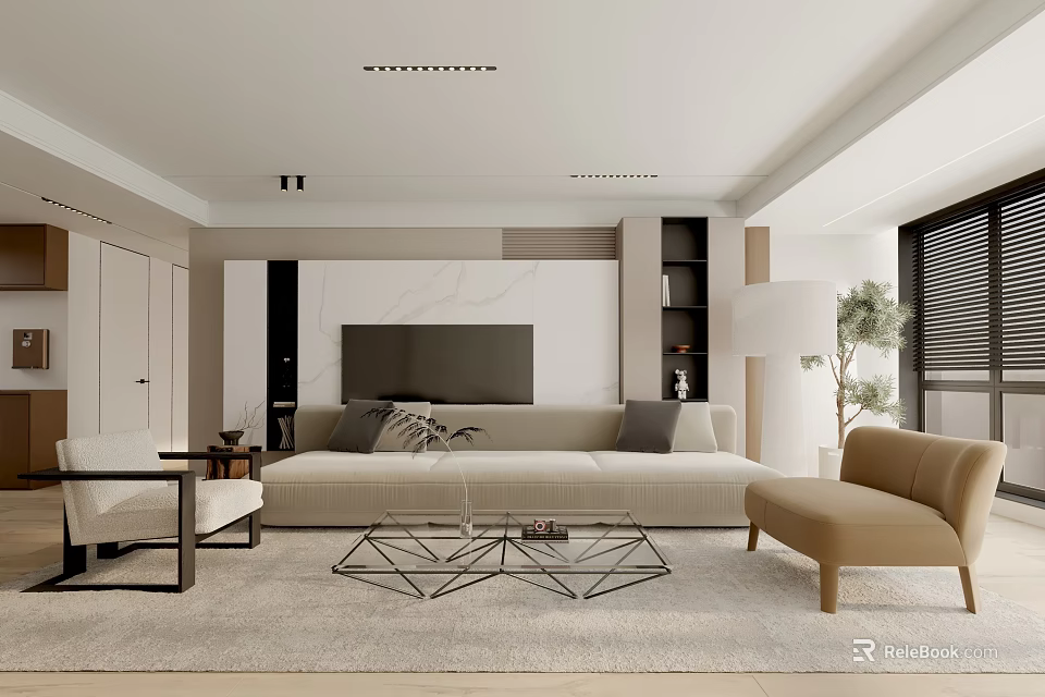 Modern Living Room Interior Design With Beige Sofa Glass Coffee Table And Floor Lamp 3d model 