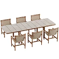 Dining Table Set with Six Wooden Frame Chairs Woven Seats Rectangular Light Surface 3d model