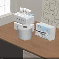 Household Tissue Boxes And Toilet Paper Roll On Wooden Table With Window And Geometric Wall