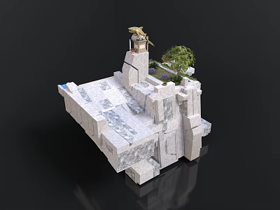 Elevated Stone Platform Structure With Statue Tree And Decorative Plants 3d model