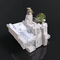 Elevated Stone Platform Structure With Statue Tree And Decorative Plants