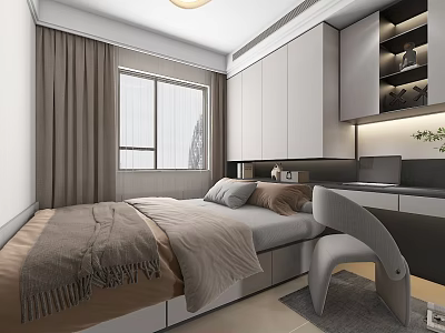 Tatami Bedroom Interior With Tatami Bed Wardrobe Window Curtains And Chair 3d model