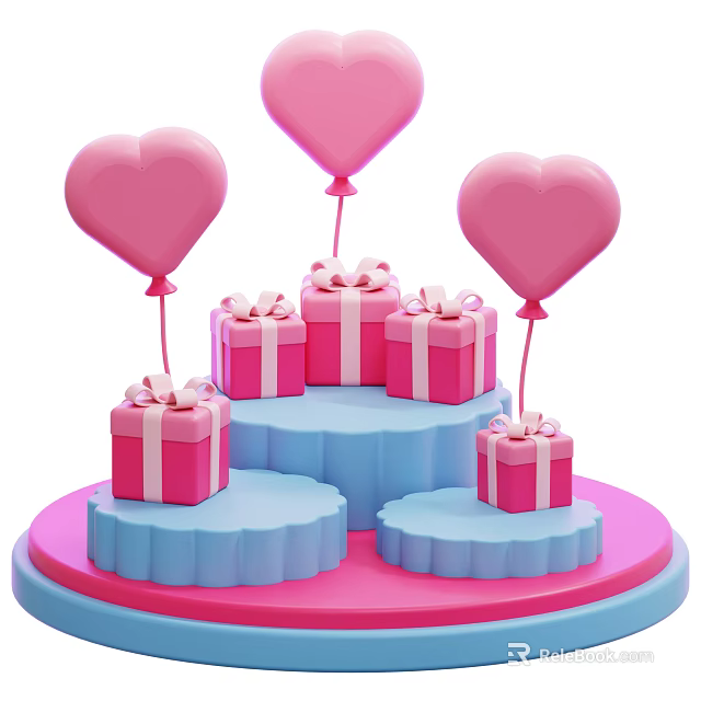 Decorative Ornament Set With Pink Heart Shaped Balloons Gift Boxes On Blue Pink Tiered Bases 3d model 