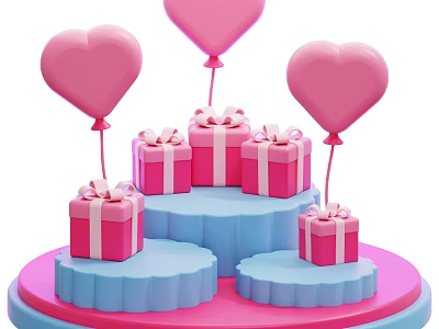 Decorative Ornament Set With Pink Heart Shaped Balloons Gift Boxes On Blue Pink Tiered Bases 3d model