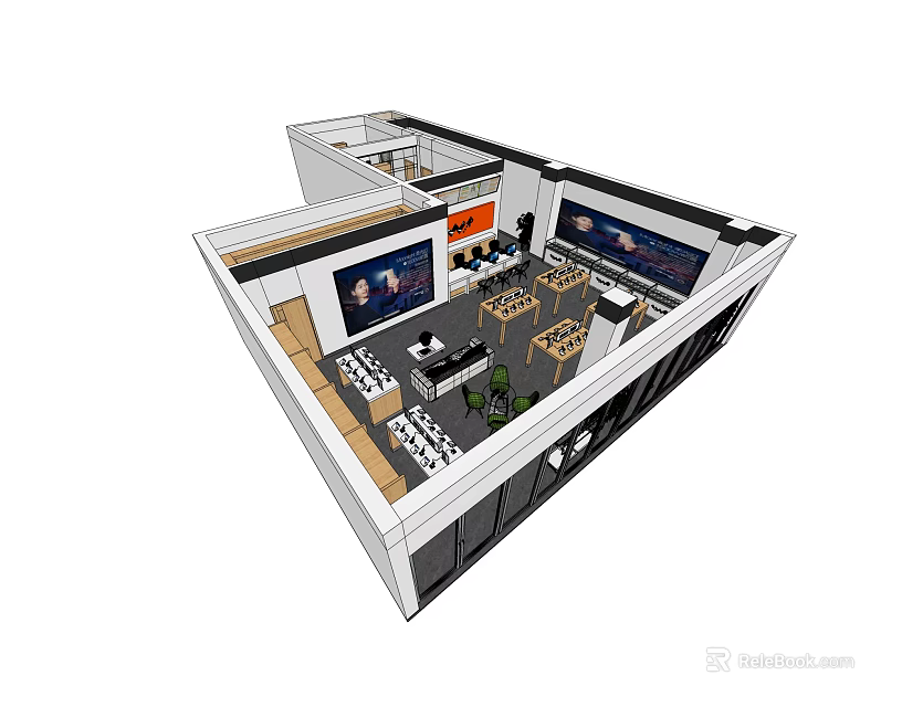 Modern Digital Store Interior With Electronic Product Displays And Customer Tables 3d model