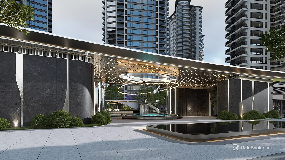Modern Entrance Gate Design With Glass Elements And Landscaping Features 3d model 