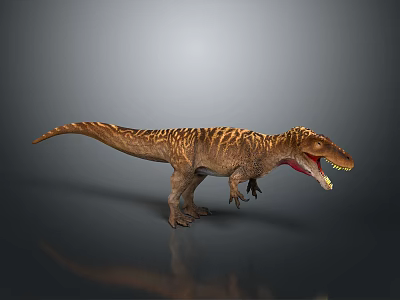 Brown Striped Tyrannosaurus Rex With Open Mouth Sharp Teeth And Red Tongue On Gray Background 3d model