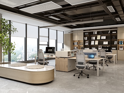 Public office area, office desk and chair, bookshelf, air conditioning duct model