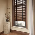Wooden Window Blinds In Interior With Decorative Vase On Marble Pedestal