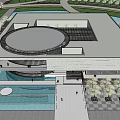 Modern Public Building Exterior With Circular Roof Water Pool Pedestrian Walkway And Greenery
