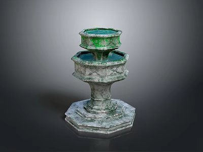 Two Tiered Stone Fountain With Green Upper Basin And Octagonal Carved Base 3d model
