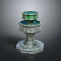 Two Tiered Stone Fountain With Green Upper Basin And Octagonal Carved Base