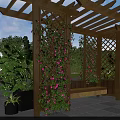 Wooden Garden Pergola Featuring Lattice Sides Climbing Pink Flowers And Stone Floor