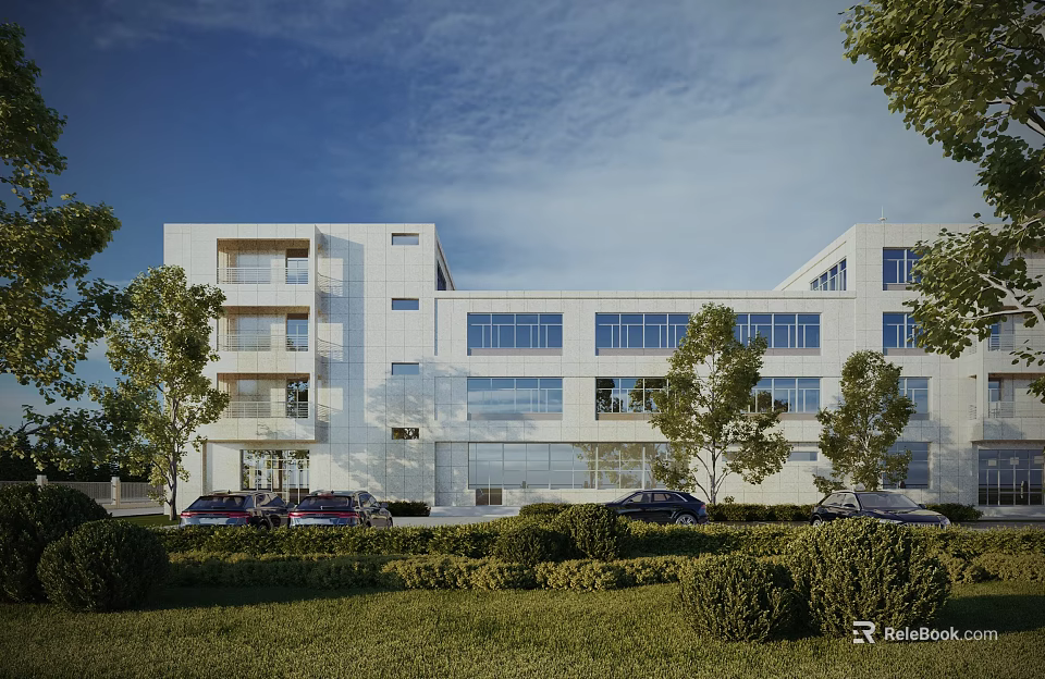 Modern White Office Building With Glass Windows Green Trees Lawn And Parking Cars 3d model 