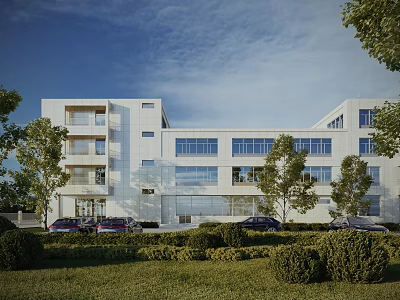 Modern White Office Building With Glass Windows Green Trees Lawn And Parking Cars 3d model