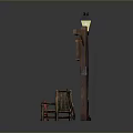 Outdoor Street Scene With Street Lamp Wooden Bench Red Fire Hydrant And Hanging Bucket