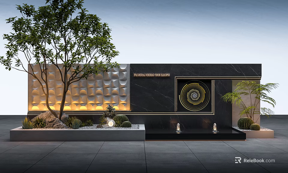 Garden Landscape Design With Decorative Wall Trees Water Features And Lighting 3d model 