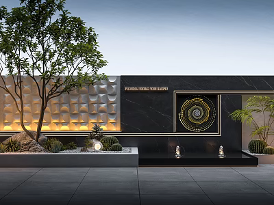 Garden Landscape Design With Decorative Wall Trees Water Features And Lighting 3d model