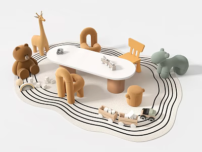 Kids Activity Table with Animal Toys Chairs and Building Blocks on Wavy Rug 3d model