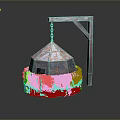 Traditional Outdoor Stone Built Stove With Rustic Metal Dome And Wooden Frame Chain