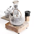 Stylish Ceramic Ware Collection With Teapot Fruit Bowl Coffee Cups And Pears On Wooden Tray