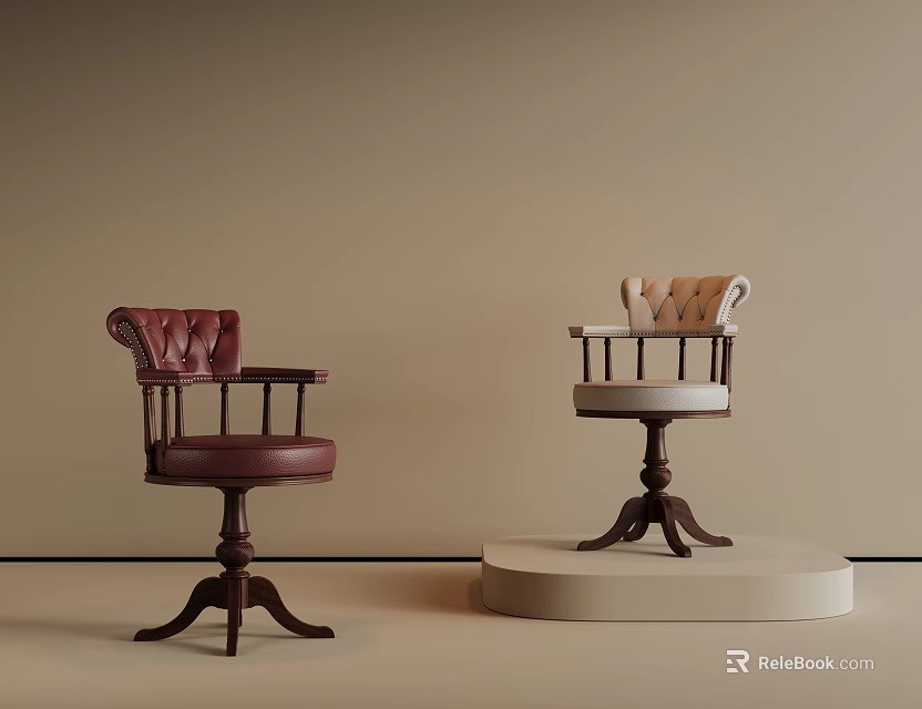 Elegant Tufted Single Chairs With Burgundy And Beige Upholstery And Wooden Legs 3d model 