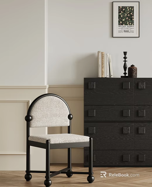 Light Upholstered Dining Chair With Dark Frame And Dark Chest Of Drawers Against Neutral Wall 3d model 