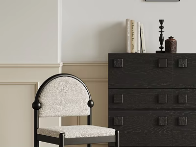 Light Upholstered Dining Chair With Dark Frame And Dark Chest Of Drawers Against Neutral Wall 3d model