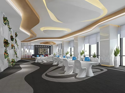 Modern Public Office Space With White Furniture Green Plants Curved Ceiling And Natural Light 3d model