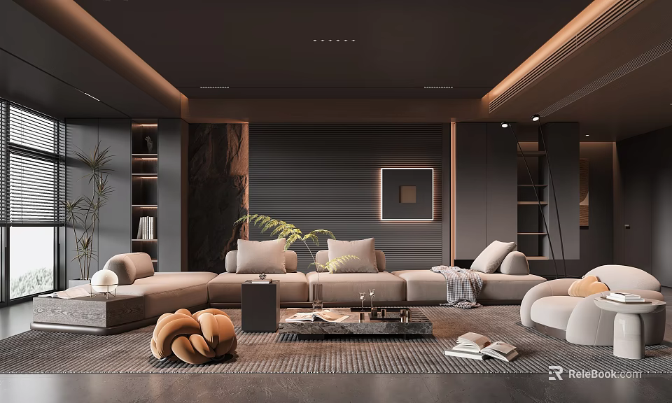 Modern Living Room Interior With Sectional Sofa Coffee Table And Decorative Wall Art 3d model 