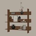 Modern Wooden Wall Mounted Shelf Unit Displaying Decorative Items Vases Frames Books Sculptures