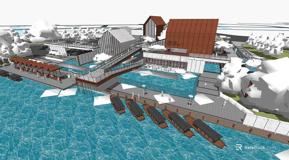 Scenic Waterfront Development With Modern Buildings Pier And Moored Boats 3d model 