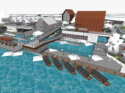 Scenic Waterfront Development With Modern Buildings Pier And Moored Boats 3d model