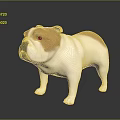 3D White and Brown Bulldog Model Standing on Shiny Black Surface with Grey Gradient Background