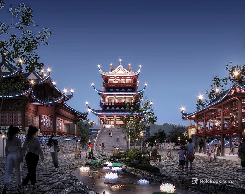 Chinese Park Landscape With Illuminated Multi Storey Tower Traditional Buildings Lotus Lanterns In Pond 3d model 