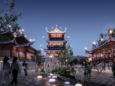 Chinese Park Landscape With Illuminated Multi Storey Tower Traditional Buildings Lotus Lanterns In Pond 3d model