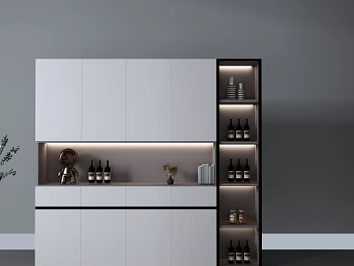 Modern Wine Cabinet Interior With White Cabinetry LED Lighting Shelves And Wine Bottles 3d model